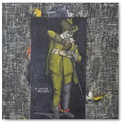 Alexander Steffes
"Le Captan Spezzafer" (Figur aus Comedia dell' Arte)
Öl auf Karton, Mischtechnik / Kollage
50 x 70 cm, 650,- Euro
 
  
